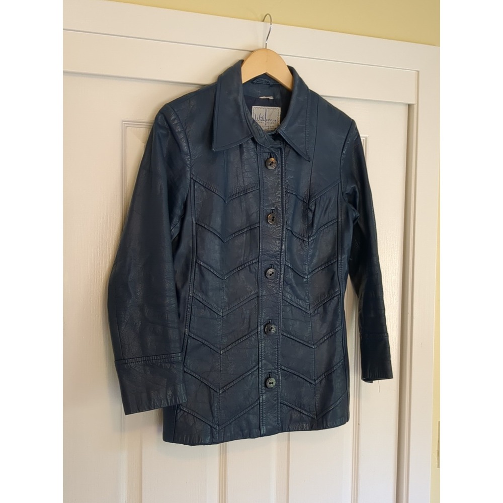 Vtg Wilson's Leather Jacket Chevron‎ Button Mid Length Blue Sz Small/Medium